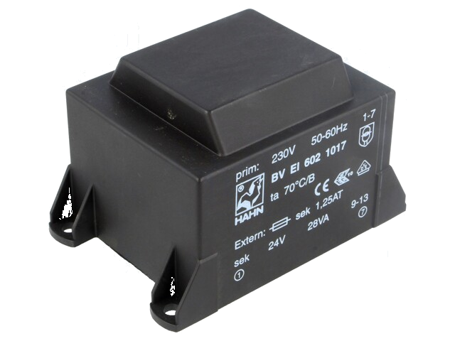 Transformator: ingegoten; 28VA; 230VAC; 24V; 1167mA; PCB; BVEI Transformator: ingegoten; 28VA; 230VAC; 24V; 1167mA; PCB; BVEI